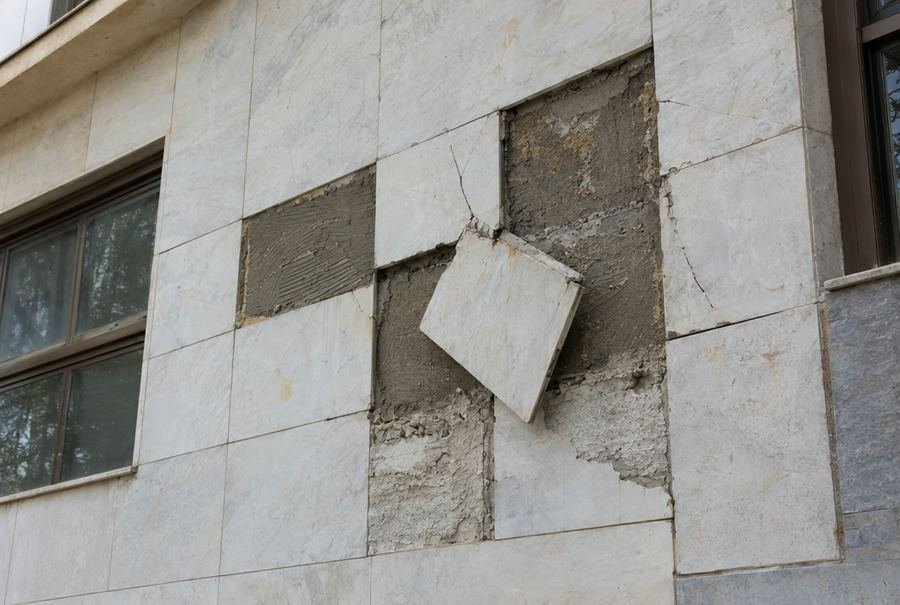 חיפוי אבן בחזית עם אריחים חסרים ואריח תלוי רופף